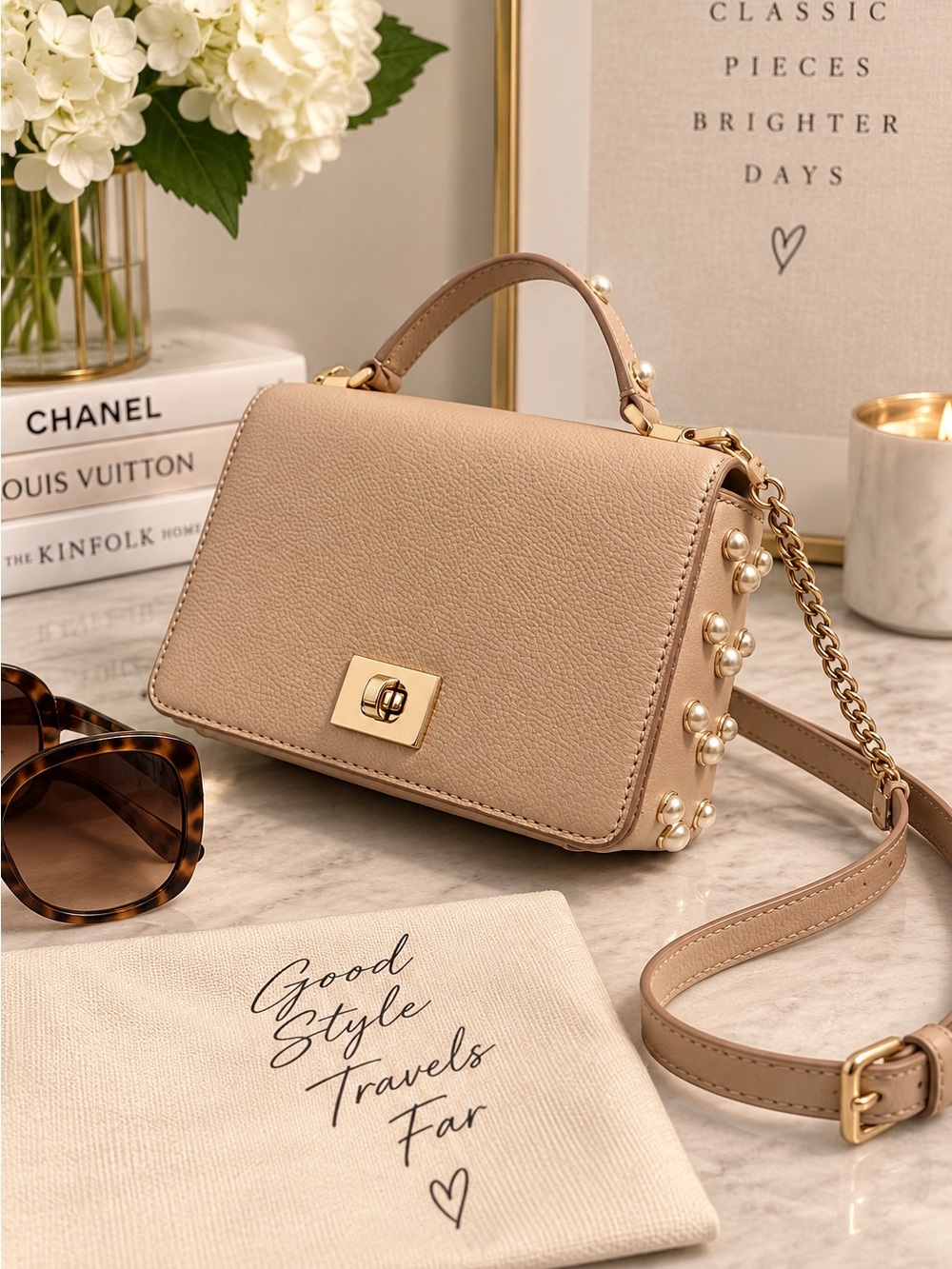 Kate Spade Beige Pearl Studded Top Handle Crossbody Bag